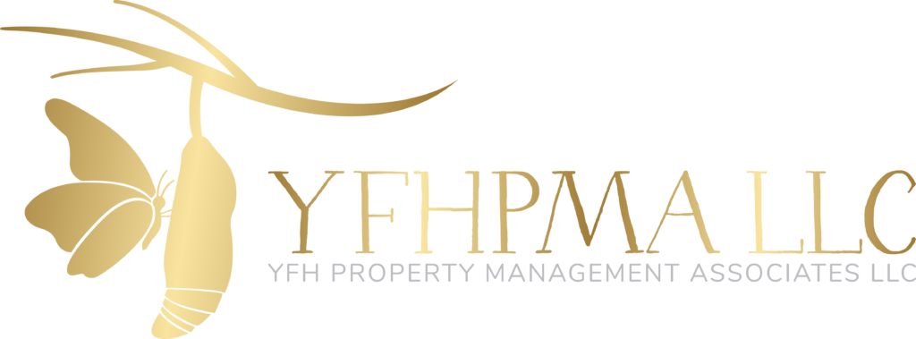 A gold and black logo for yfhp property management.